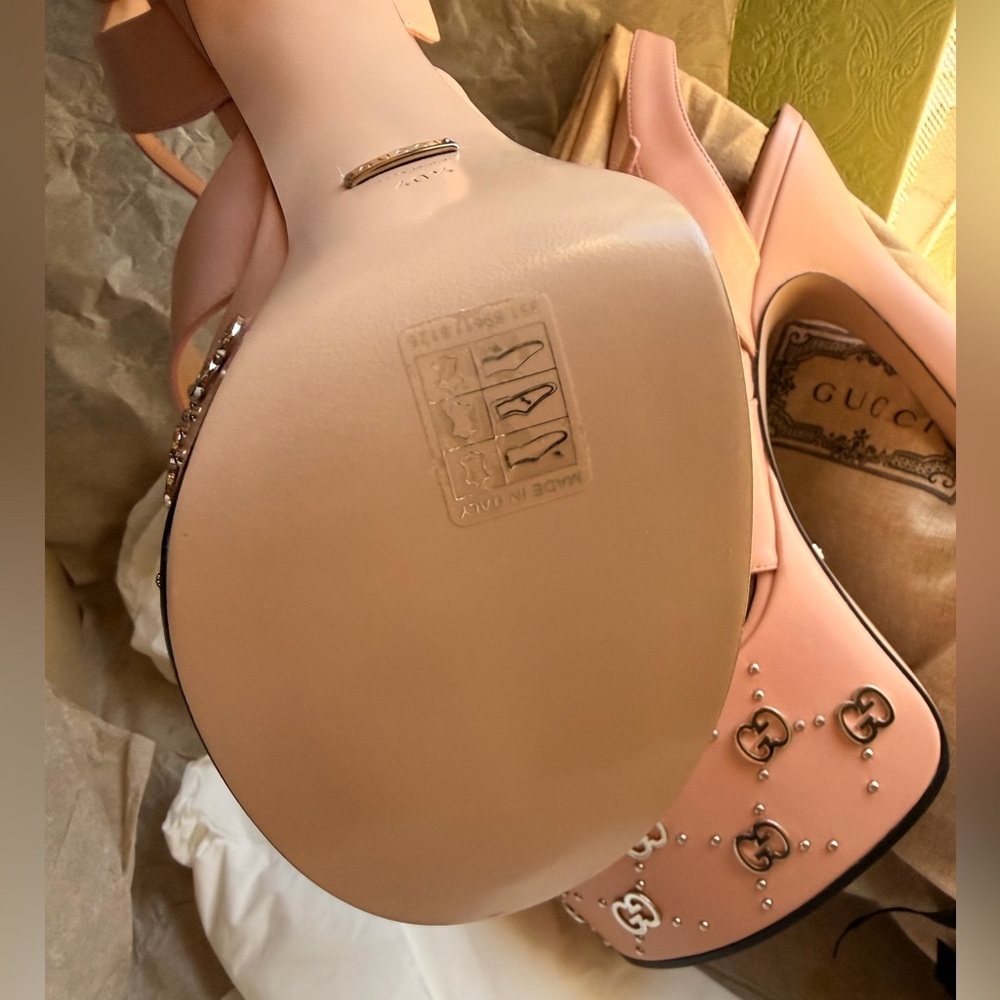 GUCCI GG Silver Malaga Platform Pink Leather Buckle Sandal Heels EU 40.5 Box NEW - Picture 7 of 10